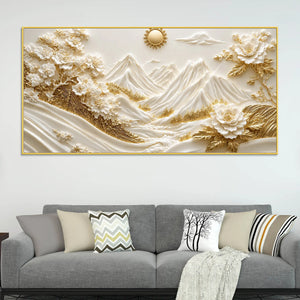 Golden Alpine Mountain Landscape with White Blossom Trees 3D Canvas Wall Painting