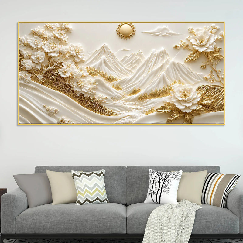 Golden Alpine Mountain Landscape with White Blossom Trees 3D Canvas Wall Painting