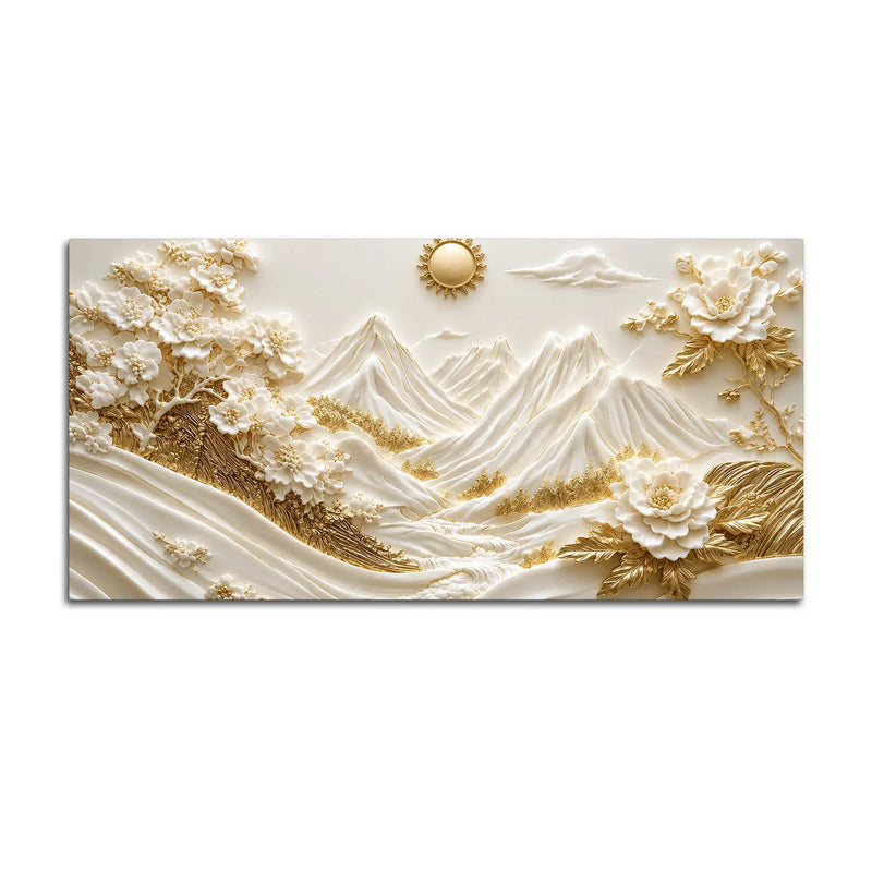 Golden Alpine Mountain Landscape with White Blossom Trees 3D Canvas Wall Painting