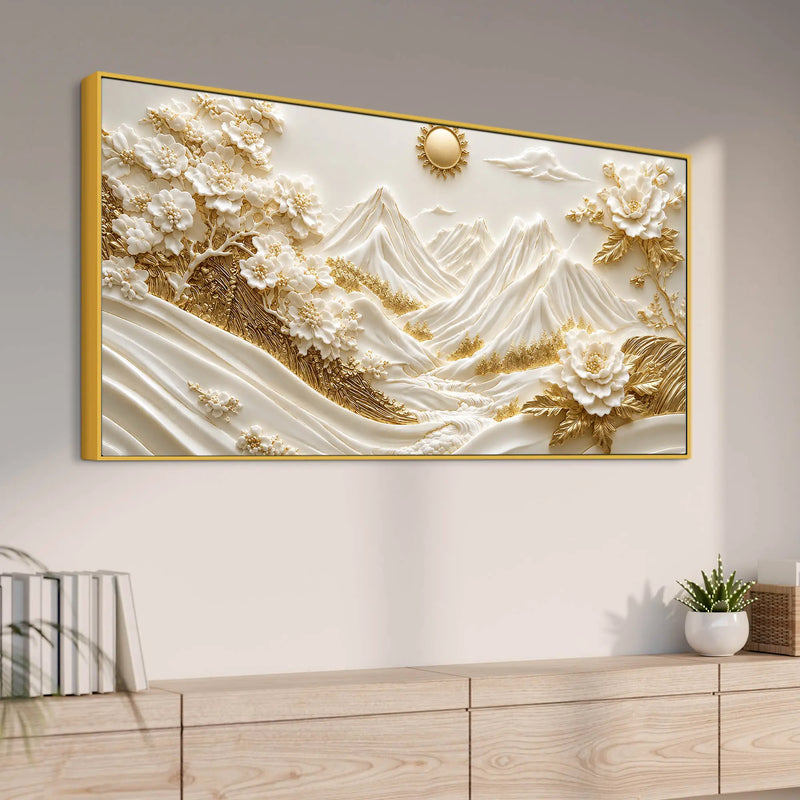 Golden Alpine Mountain Landscape with White Blossom Trees 3D Canvas Wall Painting