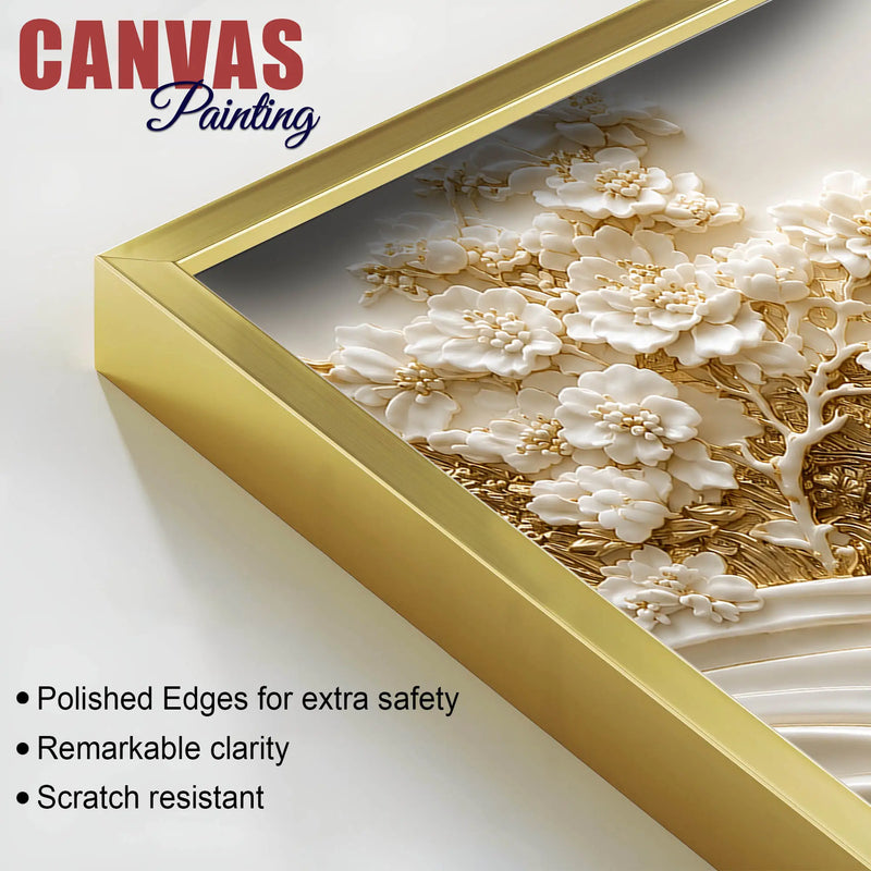 Golden Alpine Mountain Landscape with White Blossom Trees 3D Canvas Wall Painting