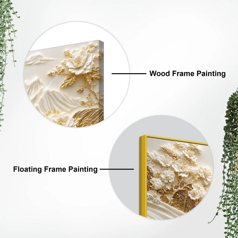 Golden Alpine Mountain Landscape with White Blossom Trees 3D Canvas Wall Painting