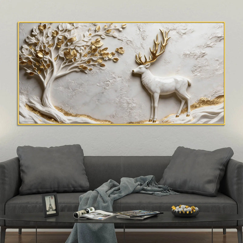 Golden Antler Deer and Tree of Life 3D Canvas Wall Painting