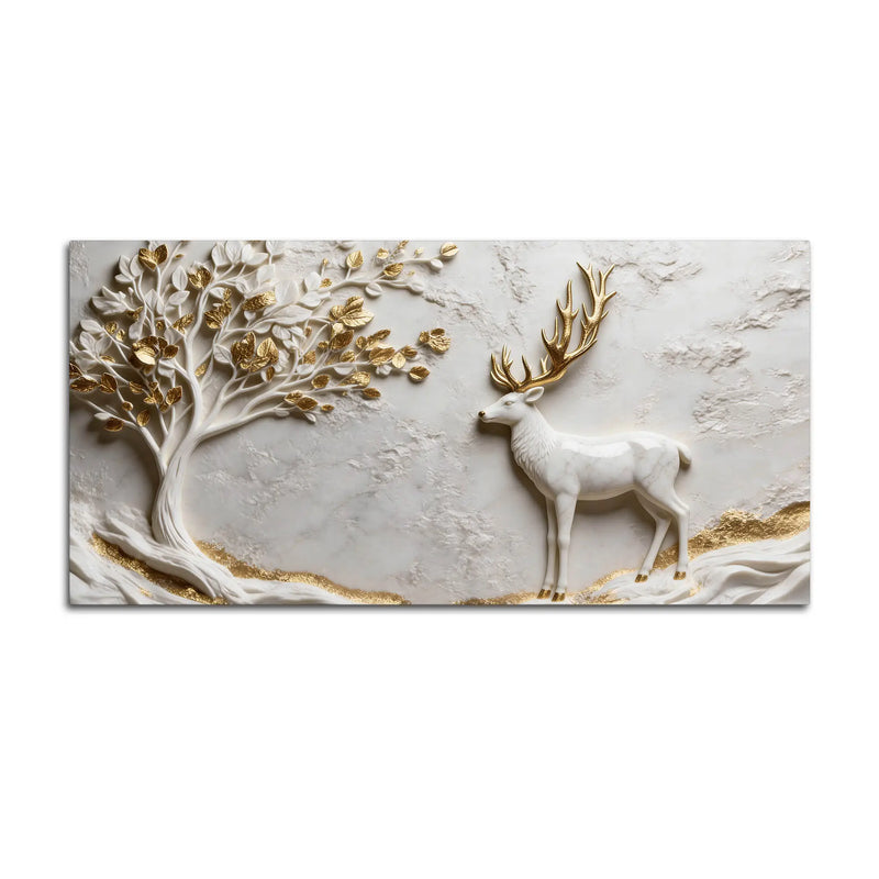 Golden Antler Deer and Tree of Life 3D Canvas Wall Painting