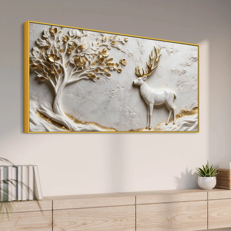 Golden Antler Deer and Tree of Life 3D Canvas Wall Painting