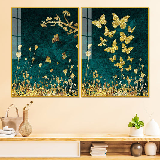 Golden Birds Flying Floating Acrylic Wall Painting Set of 2