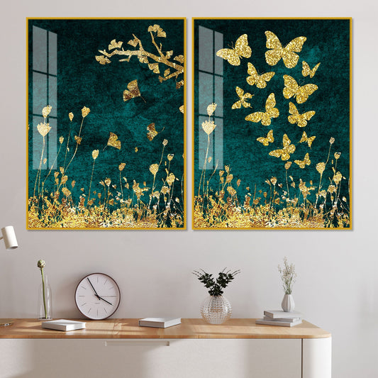 Golden Birds Flying Floating Acrylic Wall Painting Set of 2