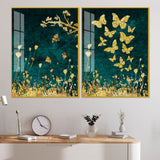 Golden Birds Flying Floating Acrylic Wall Painting Set of 2