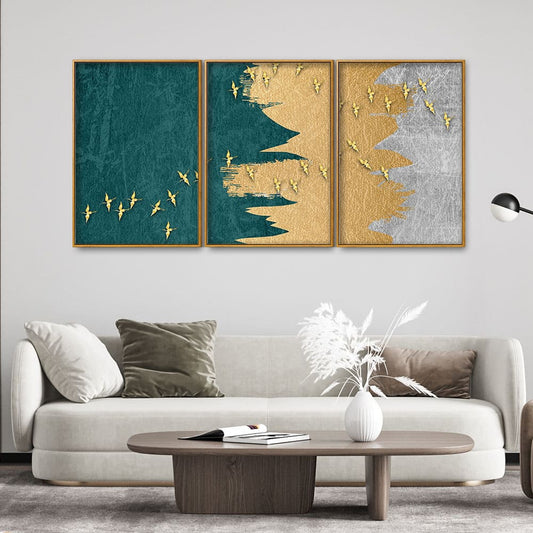 Golden Birds Flying Luxurious Art Premium Floating Canvas Wall Painting Set of Three