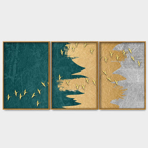 Golden Birds Flying Luxurious Art Premium Floating Canvas Wall Painting Set of Three