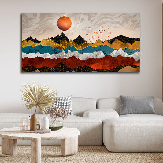 Golden Birds Flying Over Colorful Mountains Canvas Wall Painting