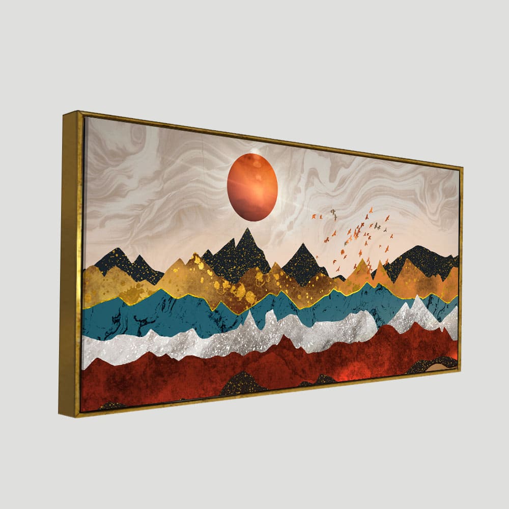 Golden Birds Flying Over Colorful Mountains Canvas Wall Painting