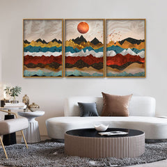 Golden Birds Flying Over Colorful Mountains Floating Canvas Wall Painting Set of Three