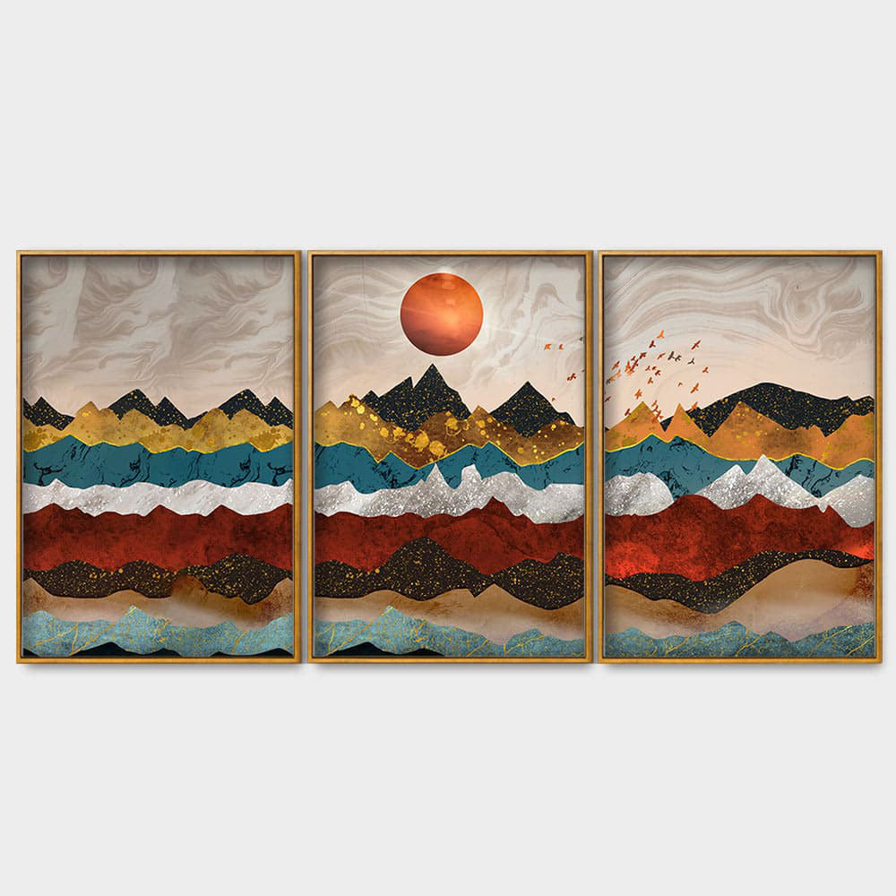 Golden Birds Flying Over Colorful Mountains Floating Canvas Wall Painting Set of Three