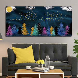 Golden Birds Flying over The Dark Forest Canvas Wall Painting