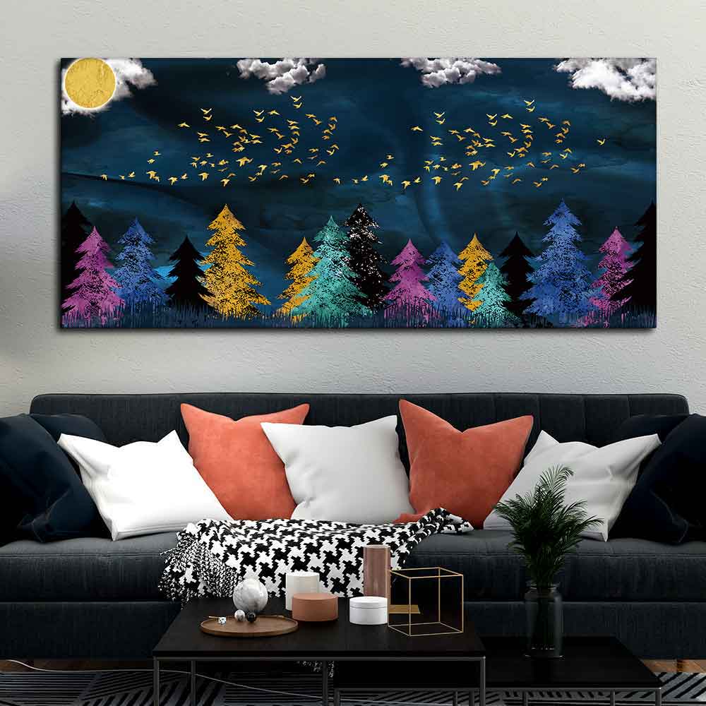 Golden Birds Flying over The Dark Forest Canvas Wall Painting