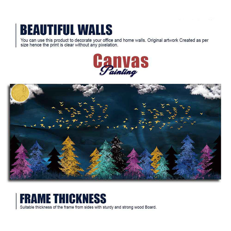 Golden Birds Flying over The Dark Forest Canvas Wall Painting