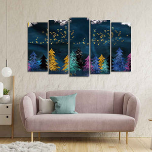 Golden Birds Flying over The Dark Forest Wall Painting of Five Pieces