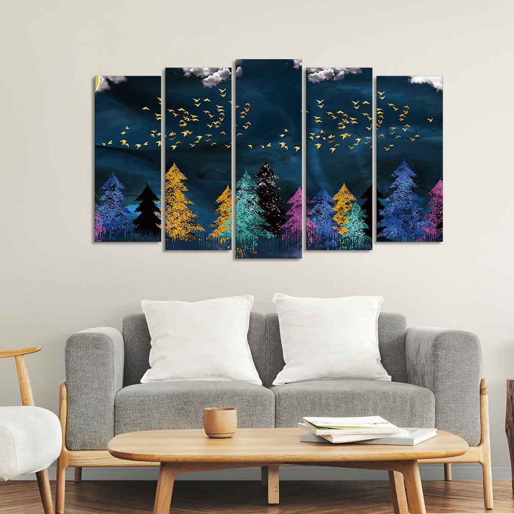 Golden Birds Flying over The Dark Forest Wall Painting of Five Pieces