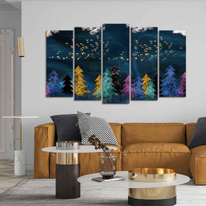 Golden Birds Flying over The Dark Forest Wall Painting of Five Pieces