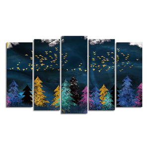 Golden Birds Flying over The Dark Forest Wall Painting of Five Pieces