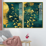 Golden Birds Group Flying Floating Acrylic Wall Painting Set of 2