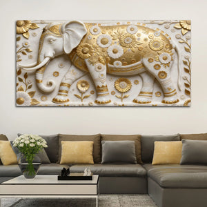 Golden Bloom Elephant 3D Canvas Wall Painting