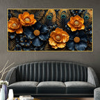 Golden Blossom and Midnight Floral with Peacock Feathers 3D Canvas Wall Painting