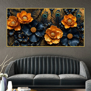 Golden Blossom and Midnight Floral with Peacock Feathers 3D Canvas Wall Painting