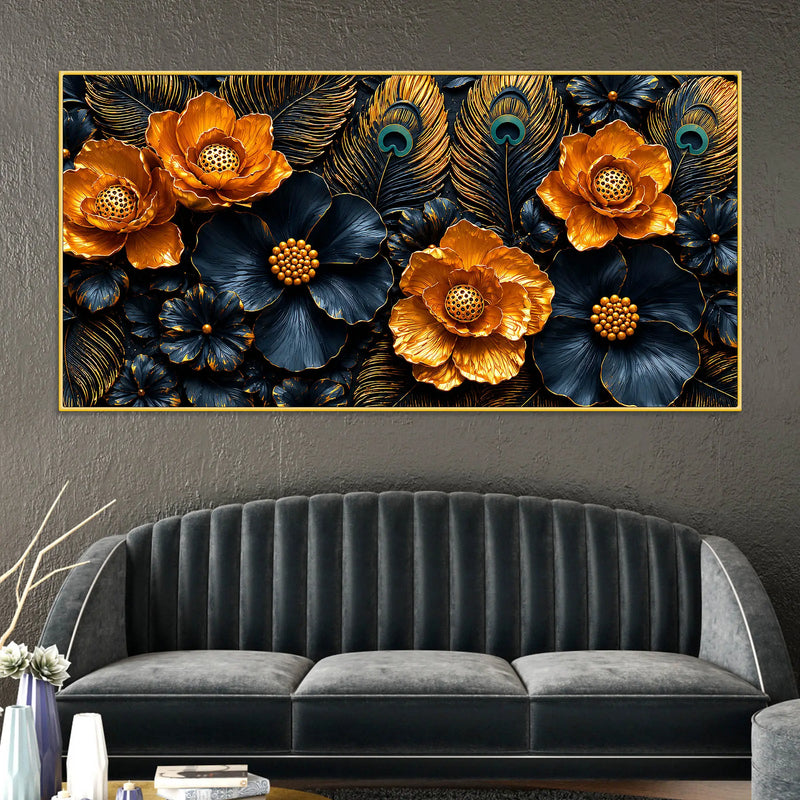 Golden Blossom and Midnight Floral with Peacock Feathers 3D Canvas Wall Painting