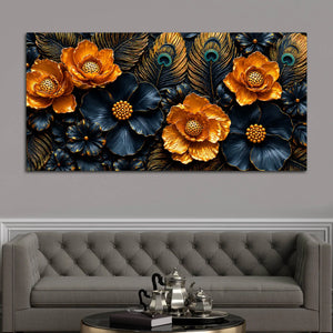 Golden Blossom and Midnight Floral with Peacock Feathers 3D Canvas Wall Painting