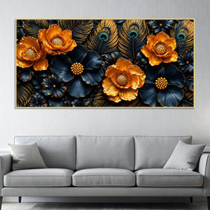 Golden Blossom and Midnight Floral with Peacock Feathers 3D Canvas Wall Painting