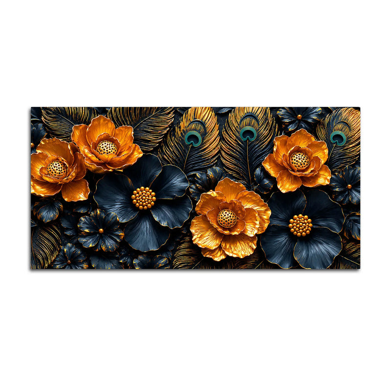 Golden Blossom and Midnight Floral with Peacock Feathers 3D Canvas Wall Painting