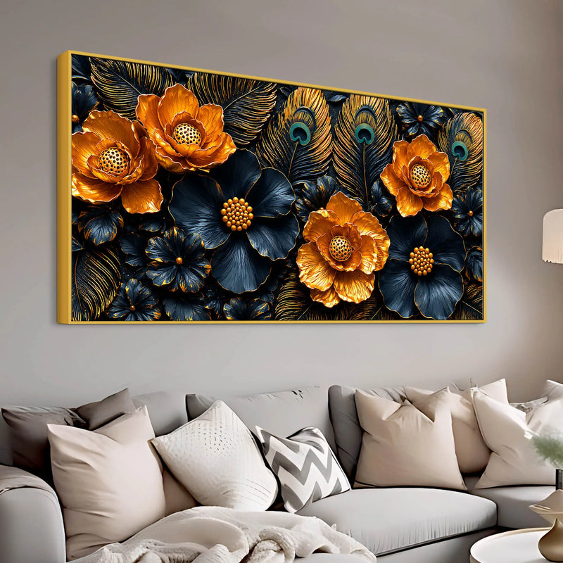 Golden Blossom and Midnight Floral with Peacock Feathers 3D Canvas Wall Painting