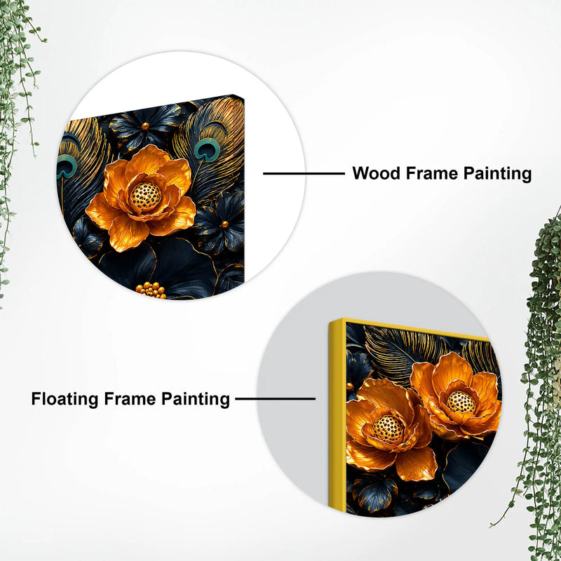 Golden Blossom and Midnight Floral with Peacock Feathers 3D Canvas Wall Painting