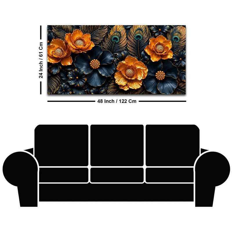 Golden Blossom and Midnight Floral with Peacock Feathers 3D Canvas Wall Painting