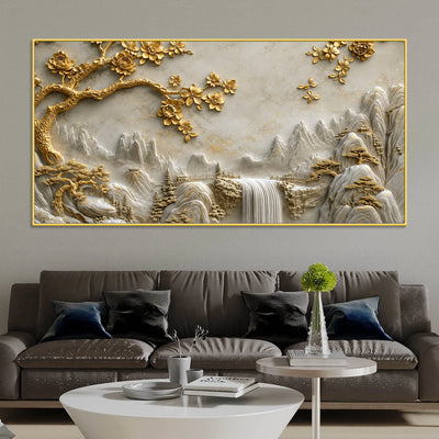 Golden Blossom Tree & Mountain Waterfall 3D Canvas Wall Painting