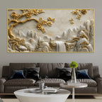 Golden Blossom Tree & Mountain Waterfall 3D Canvas Wall Painting