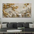 Golden Blossom Tree & Mountain Waterfall 3D Canvas Wall Painting
