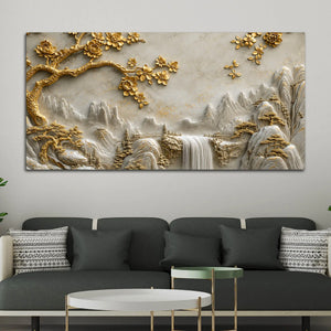 Golden Blossom Tree & Mountain Waterfall 3D Canvas Wall Painting