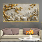 Golden Blossom Tree & Mountain Waterfall 3D Canvas Wall Painting