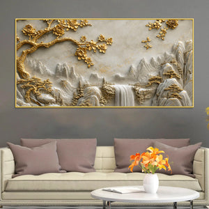 Golden Blossom Tree & Mountain Waterfall 3D Canvas Wall Painting