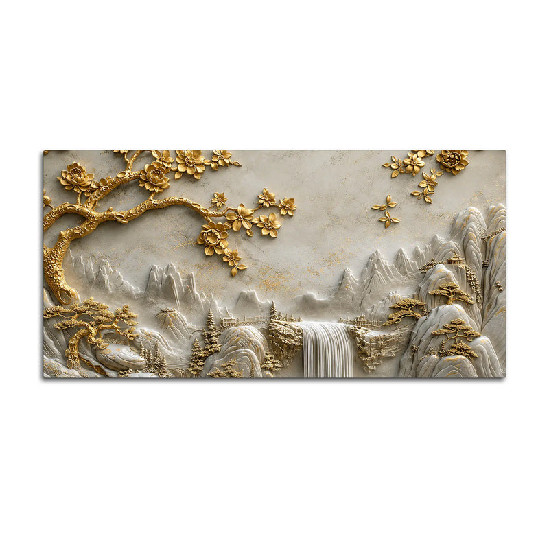 Golden Blossom Tree & Mountain Waterfall 3D Canvas Wall Painting