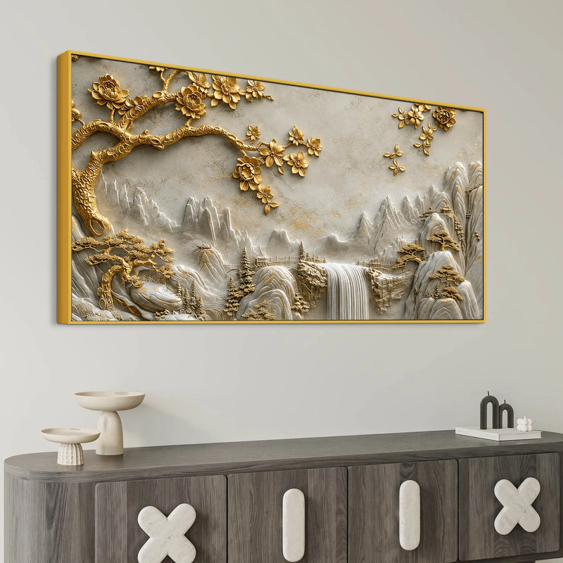 Golden Blossom Tree & Mountain Waterfall 3D Canvas Wall Painting