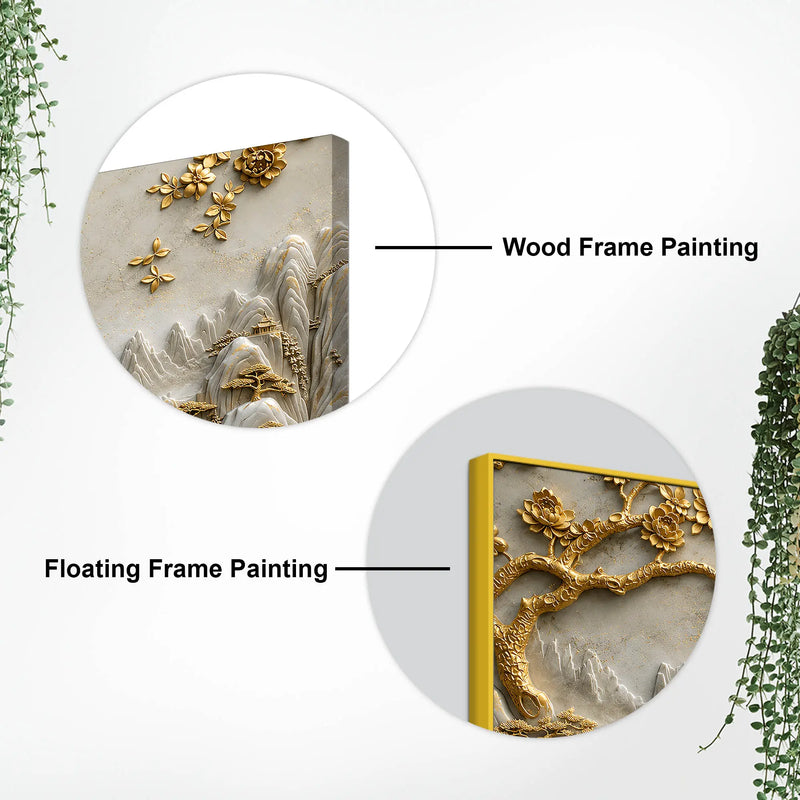 Golden Blossom Tree & Mountain Waterfall 3D Canvas Wall Painting