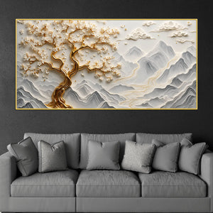 Golden Blossom Tree over Misty Mountain Landscape 3D Canvas Wall Painting