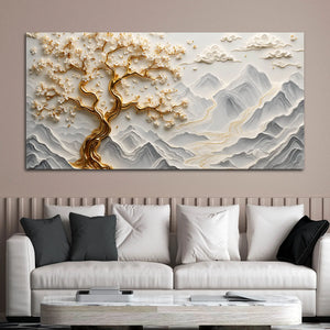 Golden Blossom Tree over Misty Mountain Landscape 3D Canvas Wall Painting