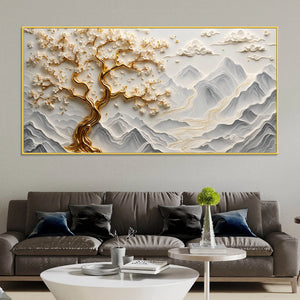 Golden Blossom Tree over Misty Mountain Landscape 3D Canvas Wall Painting