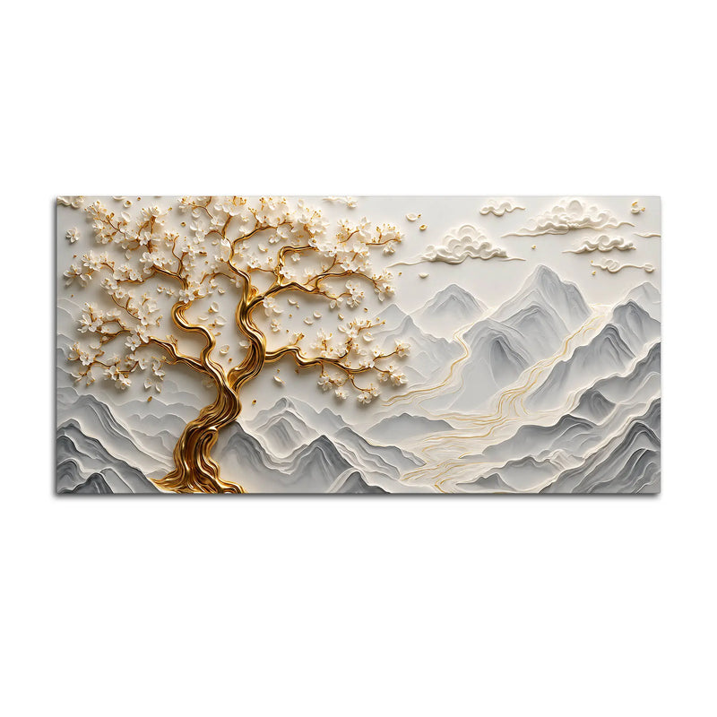 Golden Blossom Tree over Misty Mountain Landscape 3D Canvas Wall Painting