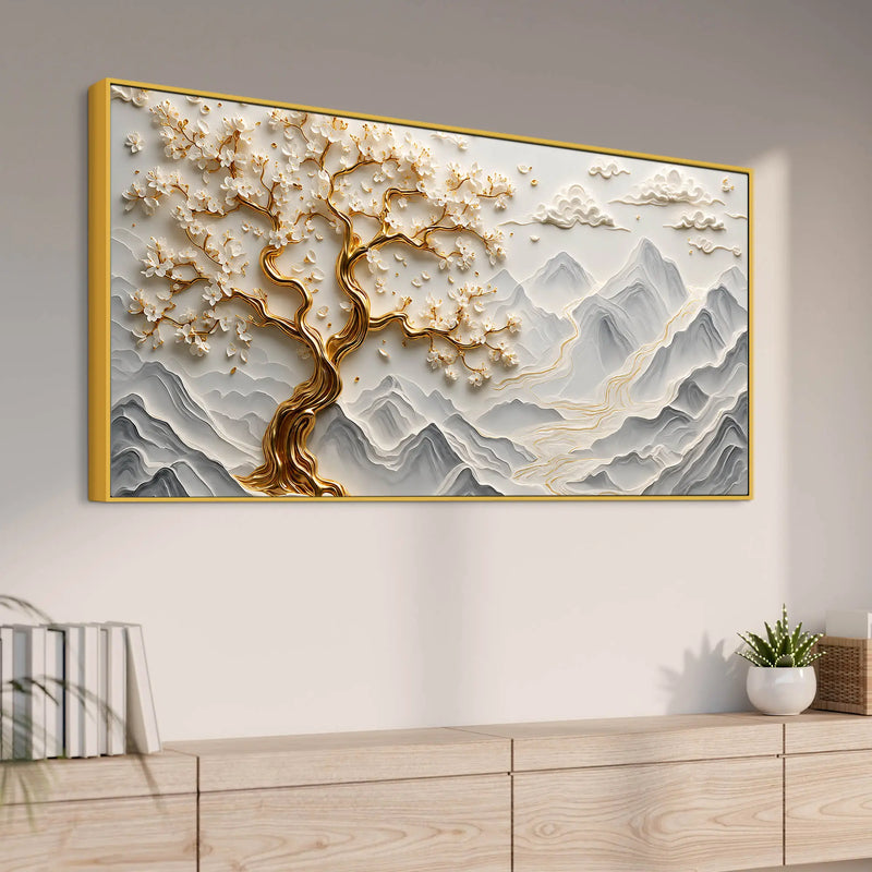 Golden Blossom Tree over Misty Mountain Landscape 3D Canvas Wall Painting